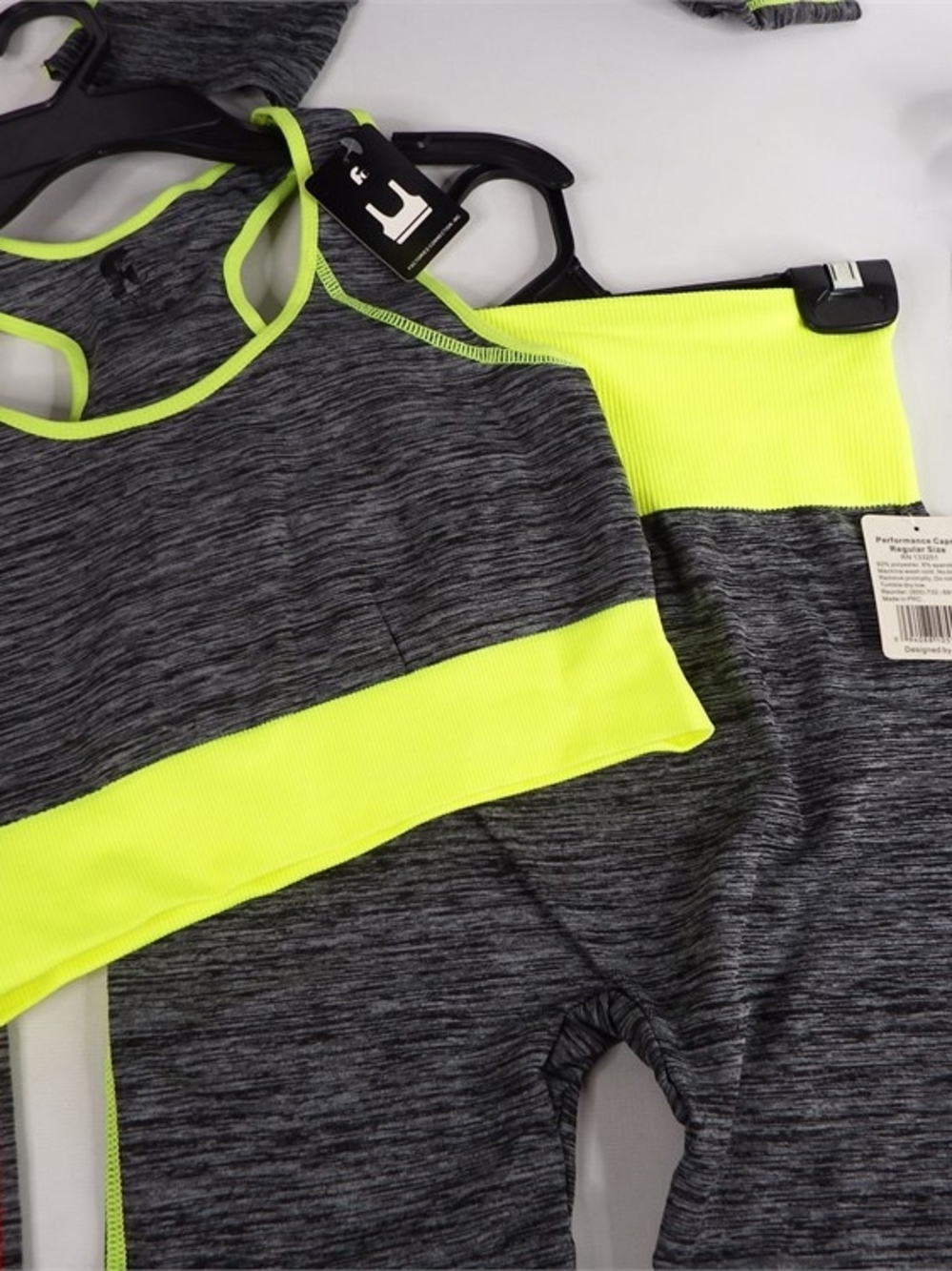 Neon Yellow & Charcoal Heather Women's Active Crop Top and Capri Set - Picture 3 of 8